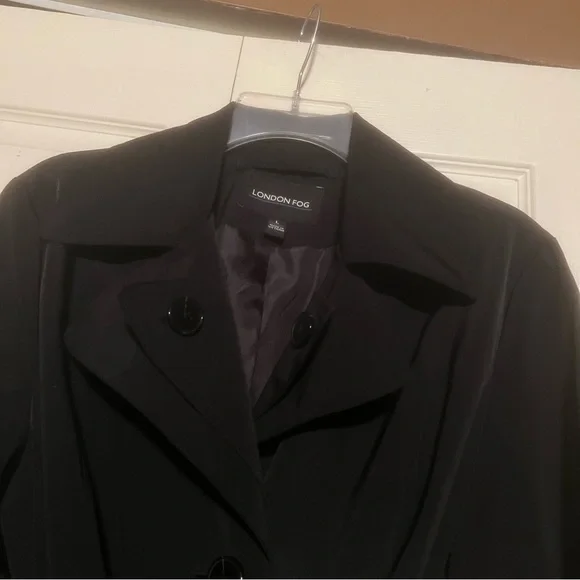 London Fog Long Black Wrap Coat Button down waist tie trench size large - Picture 3 of 11